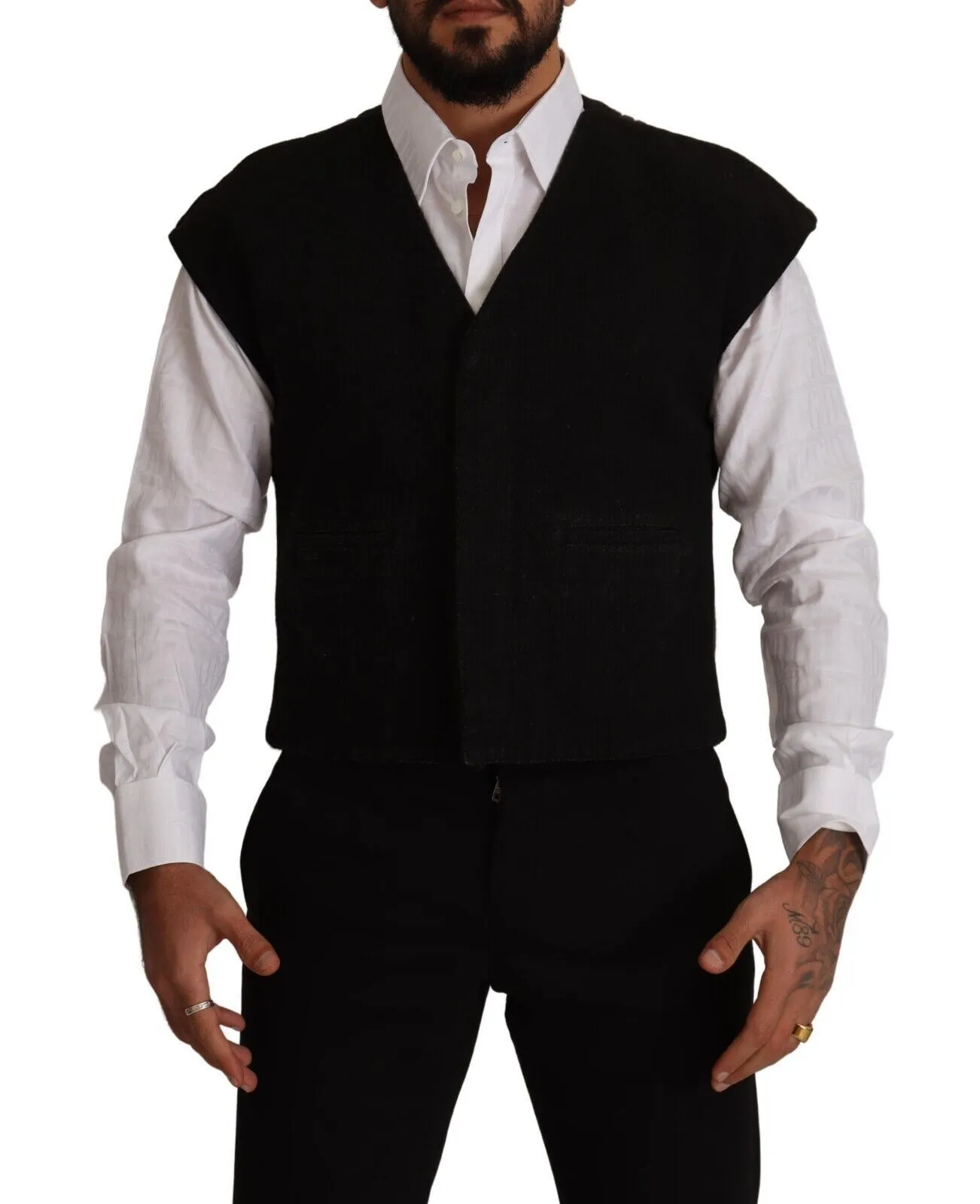 Dolce & Gabbana Men's Elegant Black Wool Cotton Dress Vest