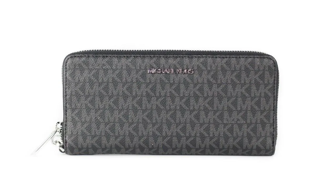 Michael Kors Women's Jet Set Travel Large Black Signature Silver Continental Wallet