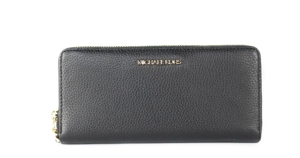 Michael Kors Women's Jet Set Travel Large Black Pebble Leather Continental Wrist Wallet