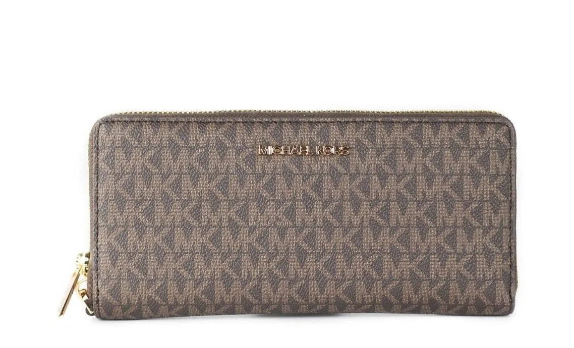 Michael Kors Women's Jet Set Travel Large Brown Signature Continental Wristlet Wallet
