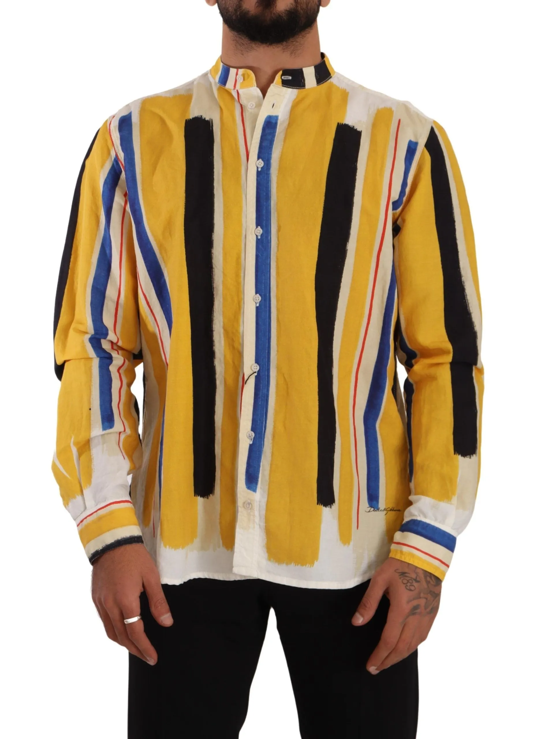 Dolce & Gabbana Men's Elegant Yellow Striped Henley Shirt