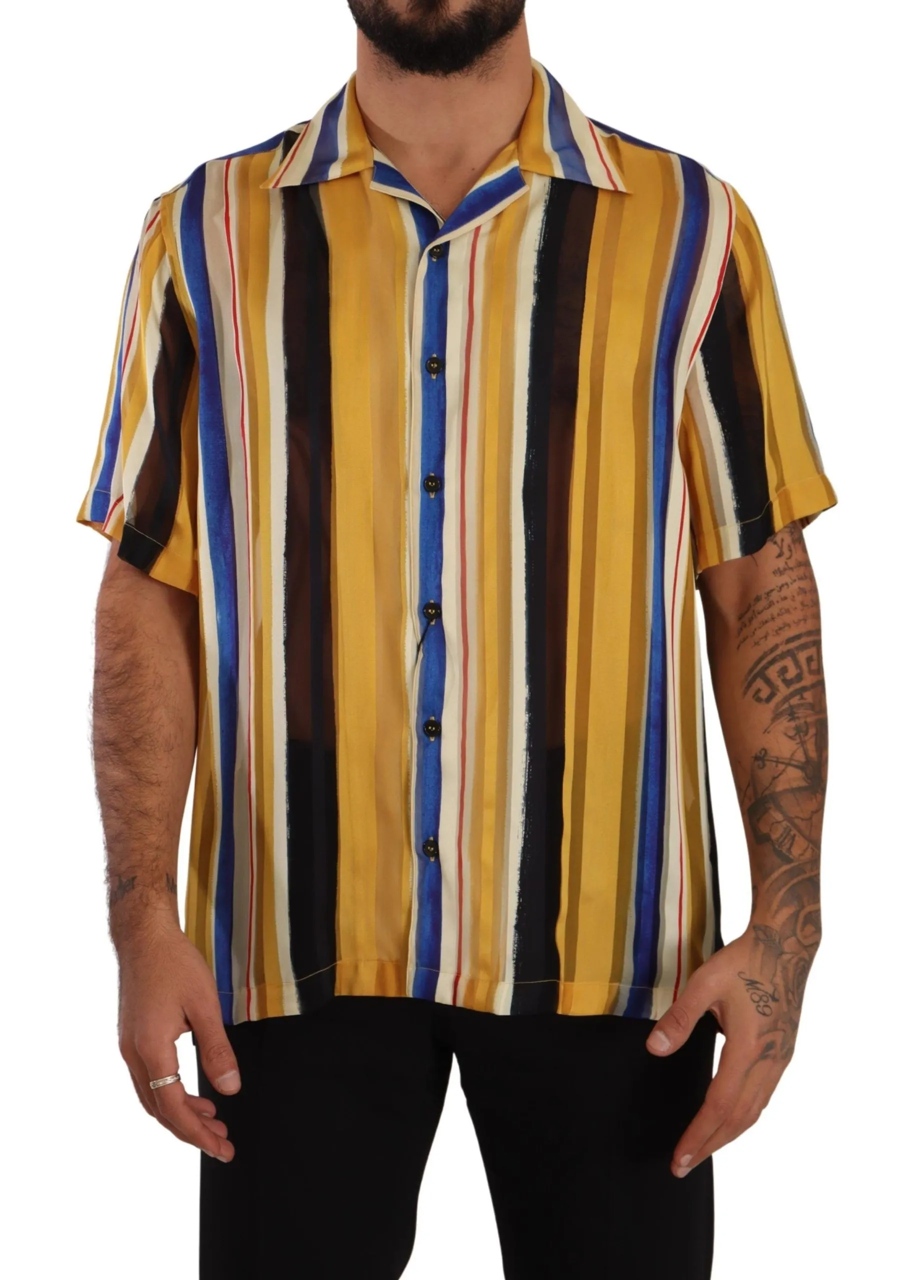 Dolce & Gabbana Men's Yellow Striped Silk-Blend Men's Shirt