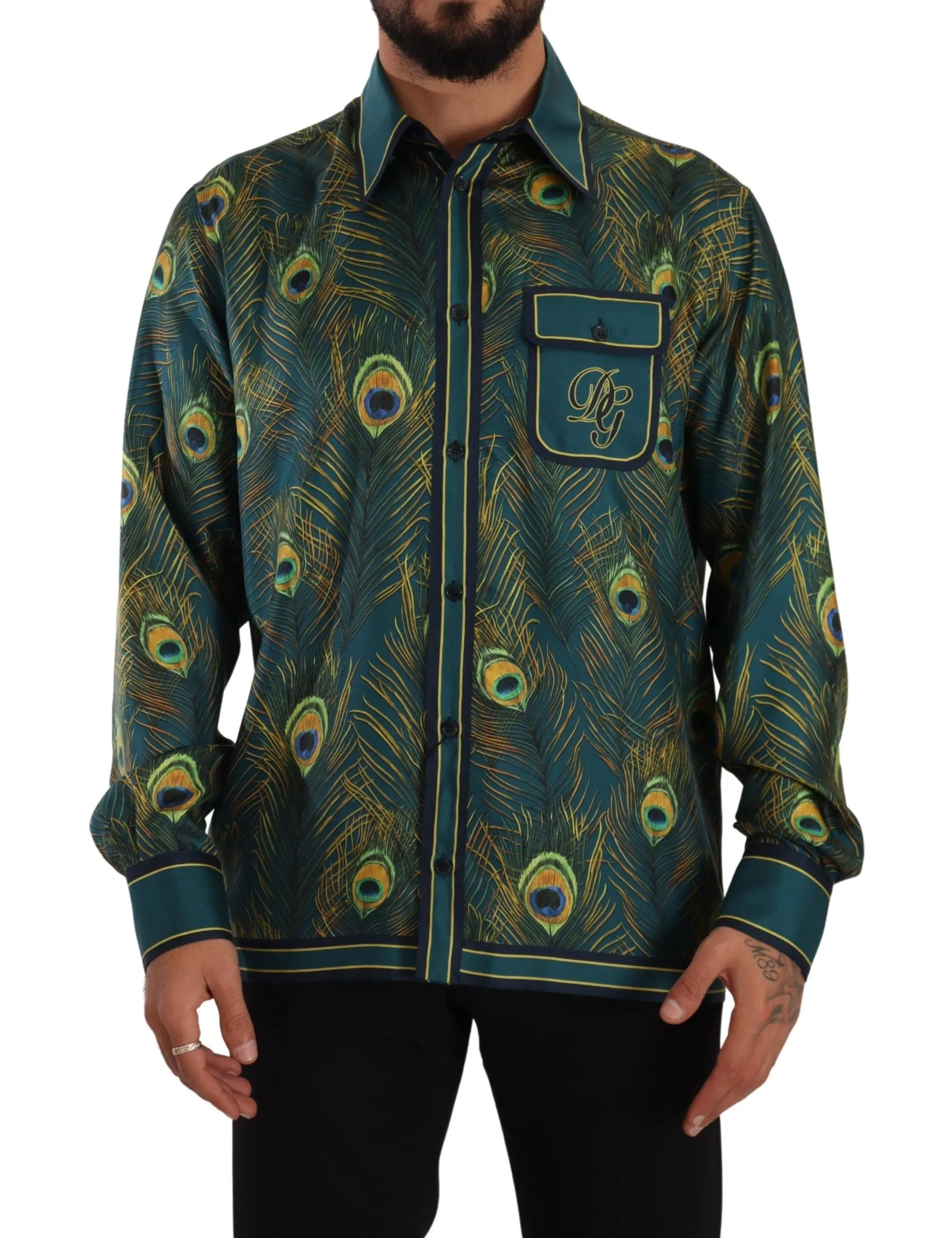 Dolce & Gabbana Men's Peacock Feather Print Silk Shirt