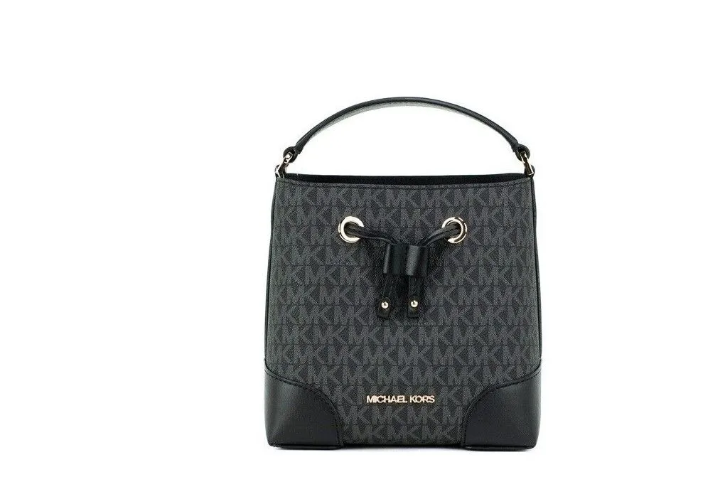 Michael Kors Women's Mercer Small Black Signature Leather Bucket Crossbody Handbag Purse