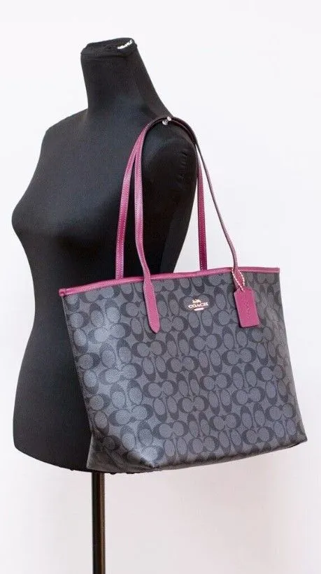 COACH Women's Graphite Black Cherry Coated Canvas City Tote Shoulder Bag Purse