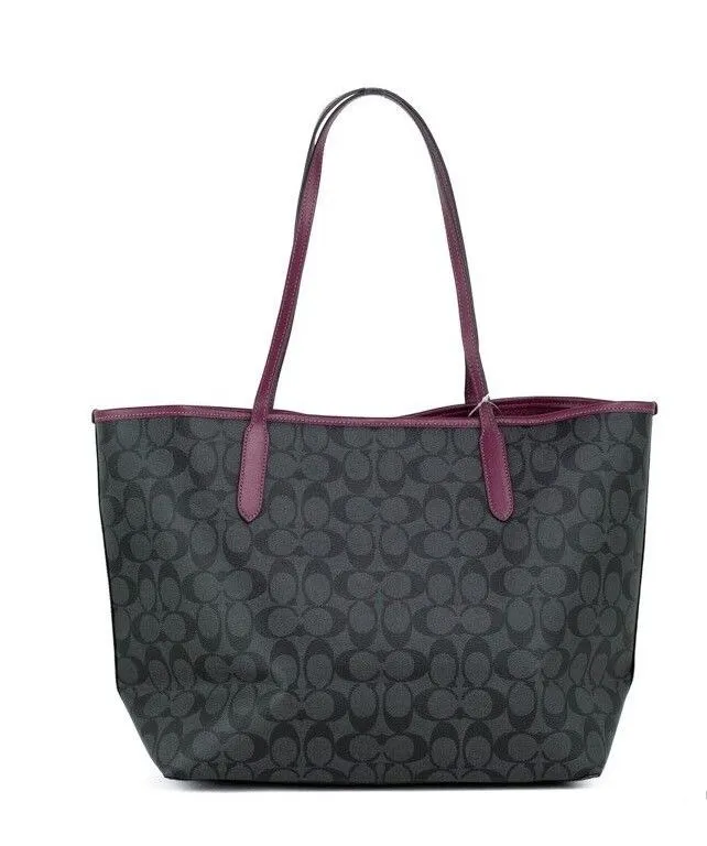 COACH Women's Graphite Black Cherry Coated Canvas City Tote Shoulder Bag Purse