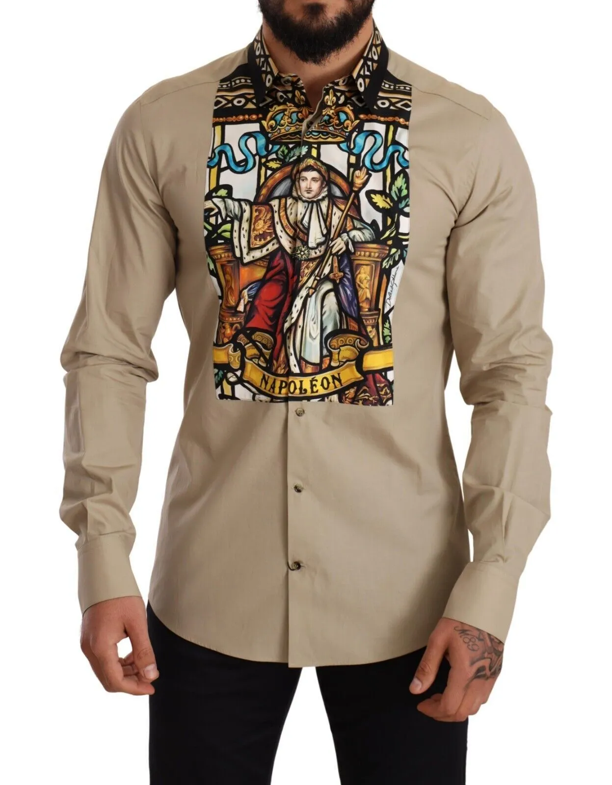 Dolce & Gabbana Men's Elegant Beige Tuxedo Shirt with Unique Napoleon Print