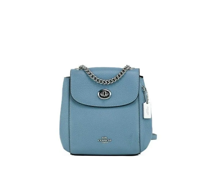 COACH Women's Mini Cornflower Blue Pebble Leather Convertible Chain Backpack Bag