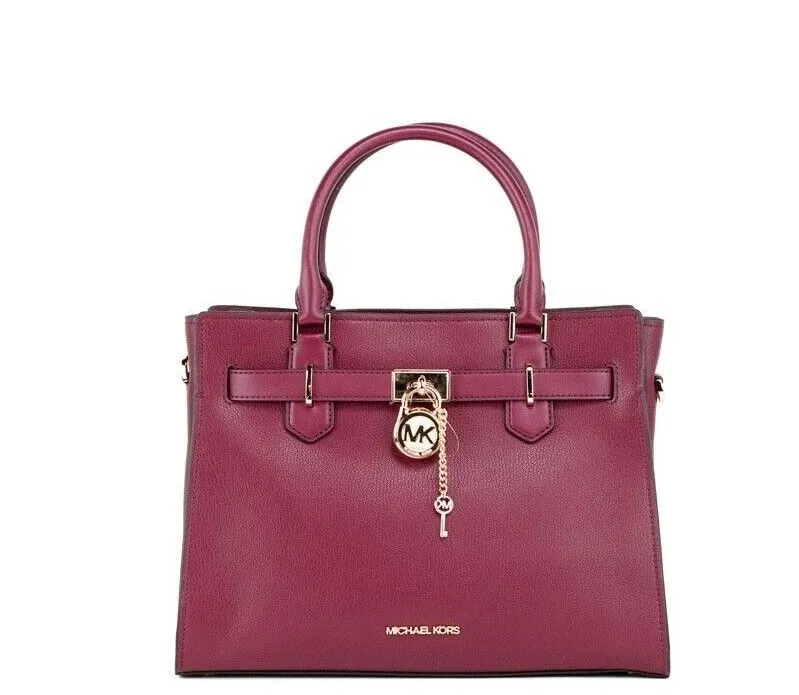 Michael Kors Women's Hamilton Mulberry Grained Leather Satchel Crossbody Handbag Purse