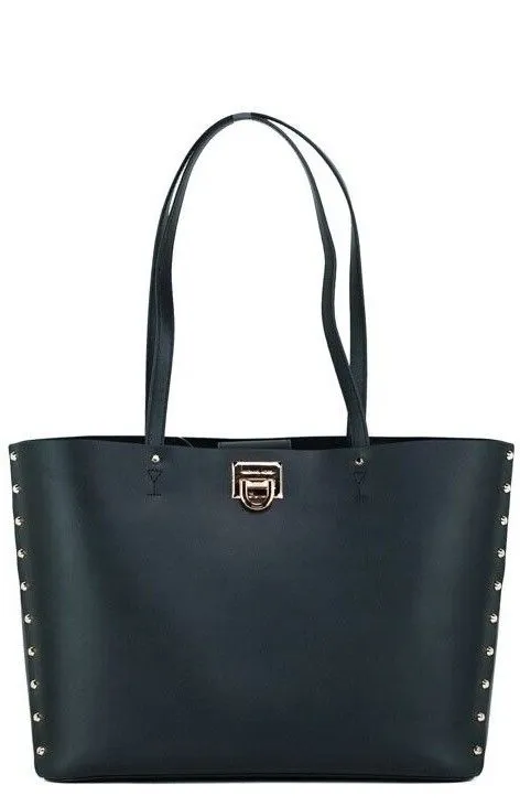 Manhattan Large Black Smooth Leather Studded Shoulder Tote Handbag
