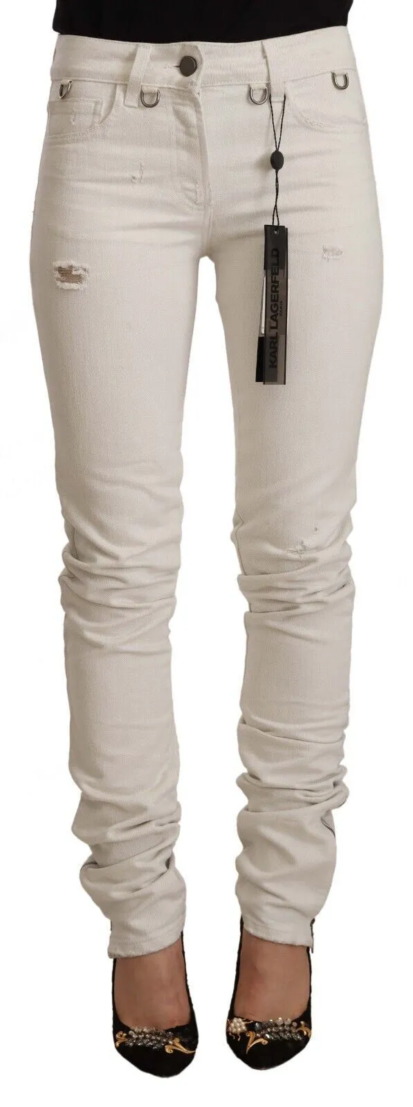 Karl Lagerfeld Women's Chic White Mid-Waist Slim Fit Jeans