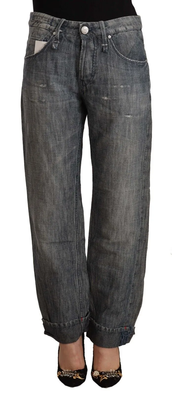 Acht Women's Chic Gray Straight Cut Ramie-Cotton Jeans