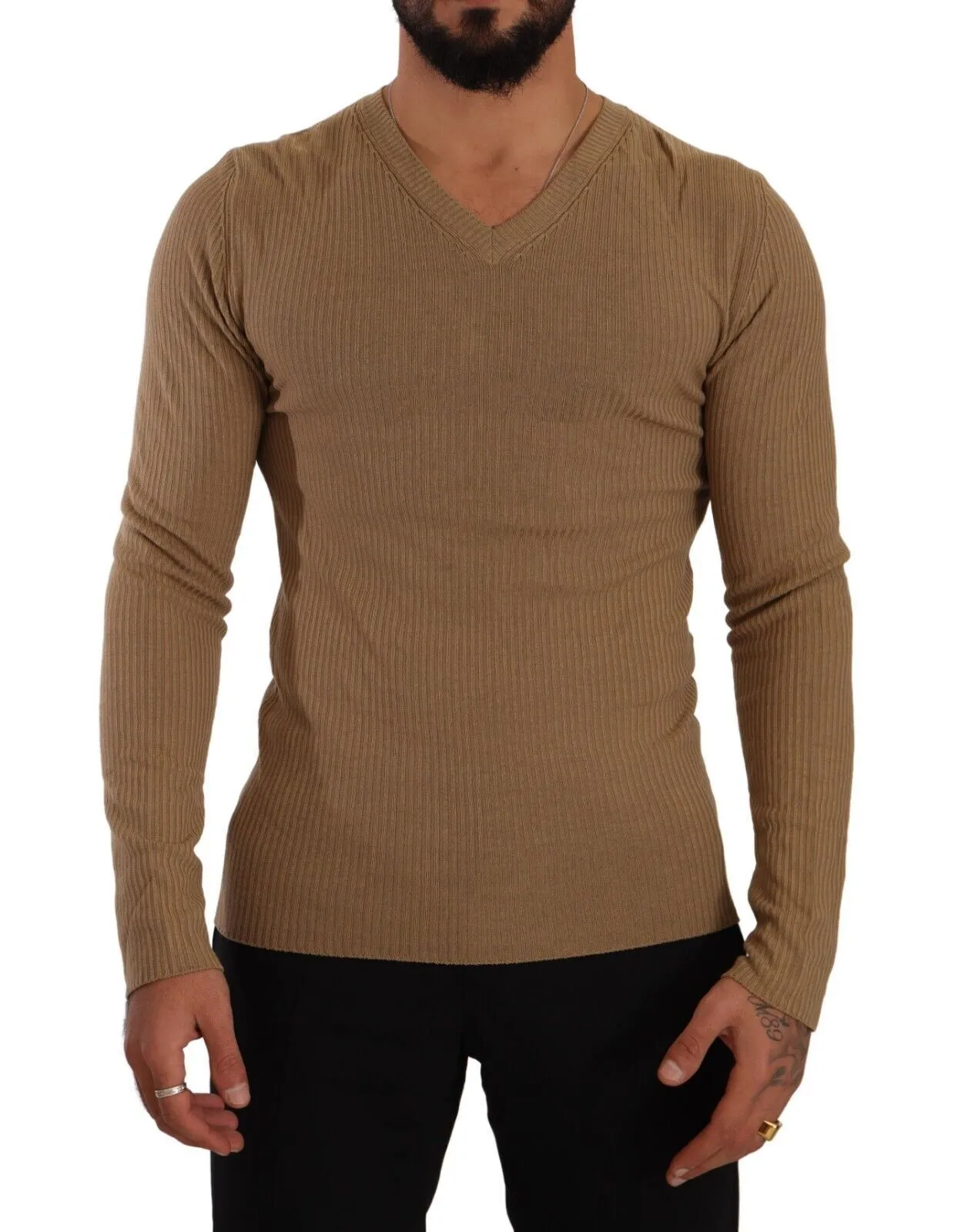 Ermanno Scervino Men's Classic V-Neck Wool Sweater in Brown