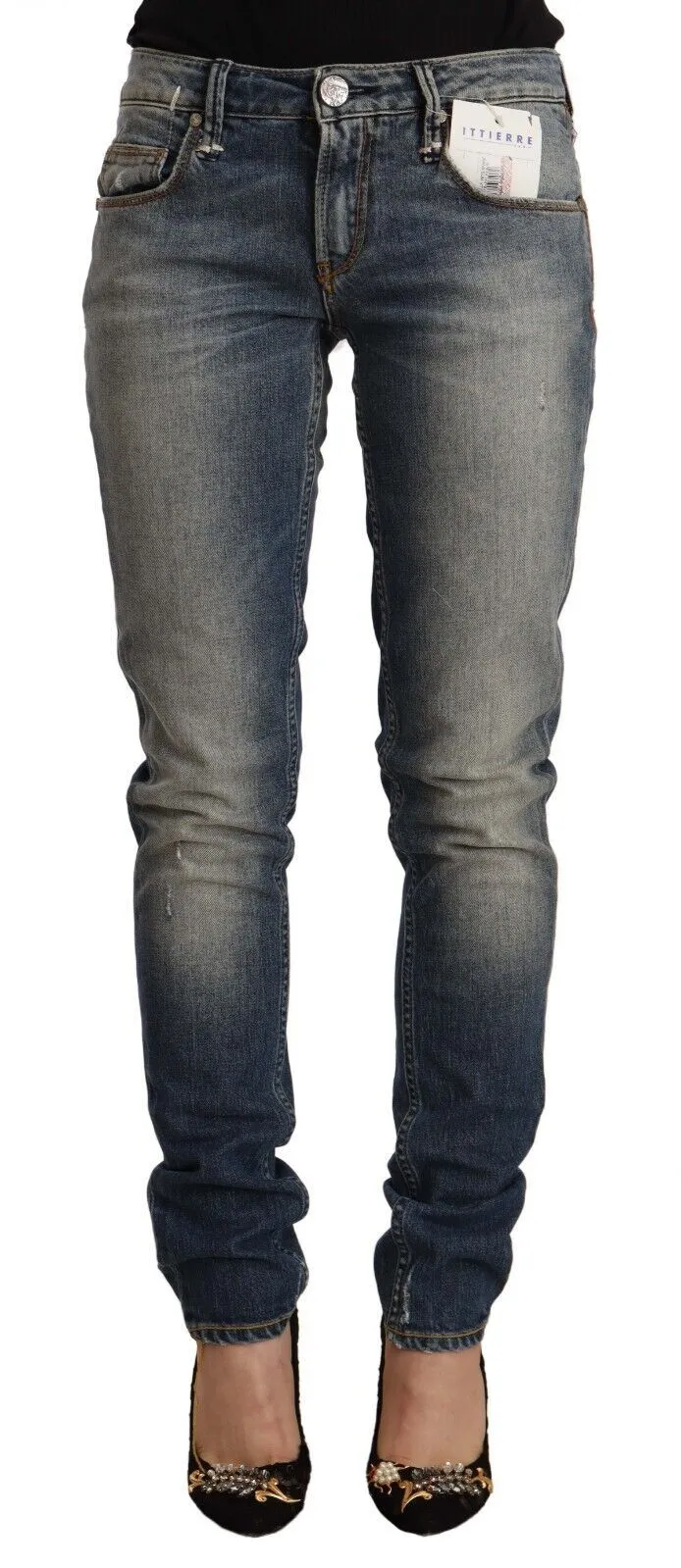 Acht Women's Blue Washed Skinny Cotton Blend Jeans