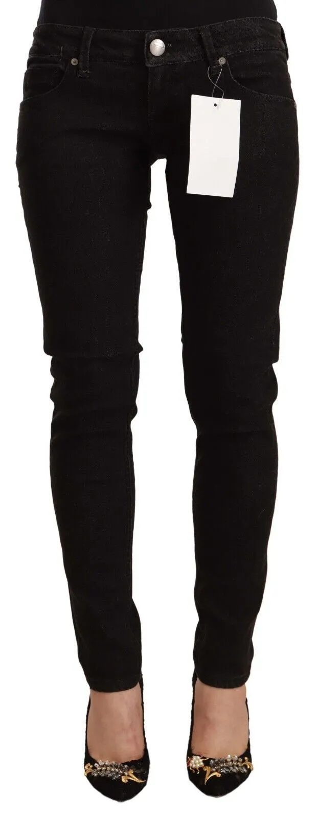 Acht Women's Sleek Skinny Low Waist Black Jeans