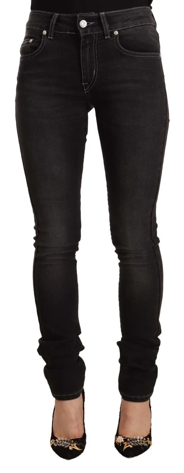 GF Ferre Women's Chic Black Washed Slim Fit Mid Waist Jeans