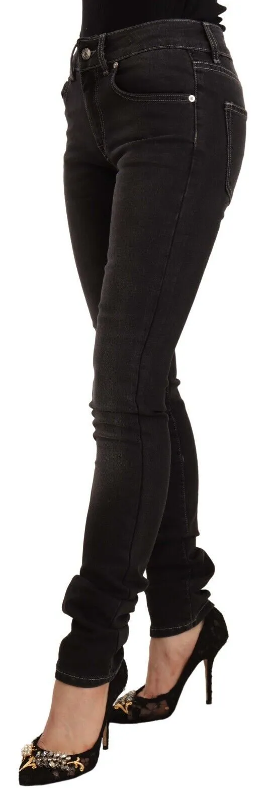 GF Ferre Women's Chic Black Washed Slim Fit Mid Waist Jeans