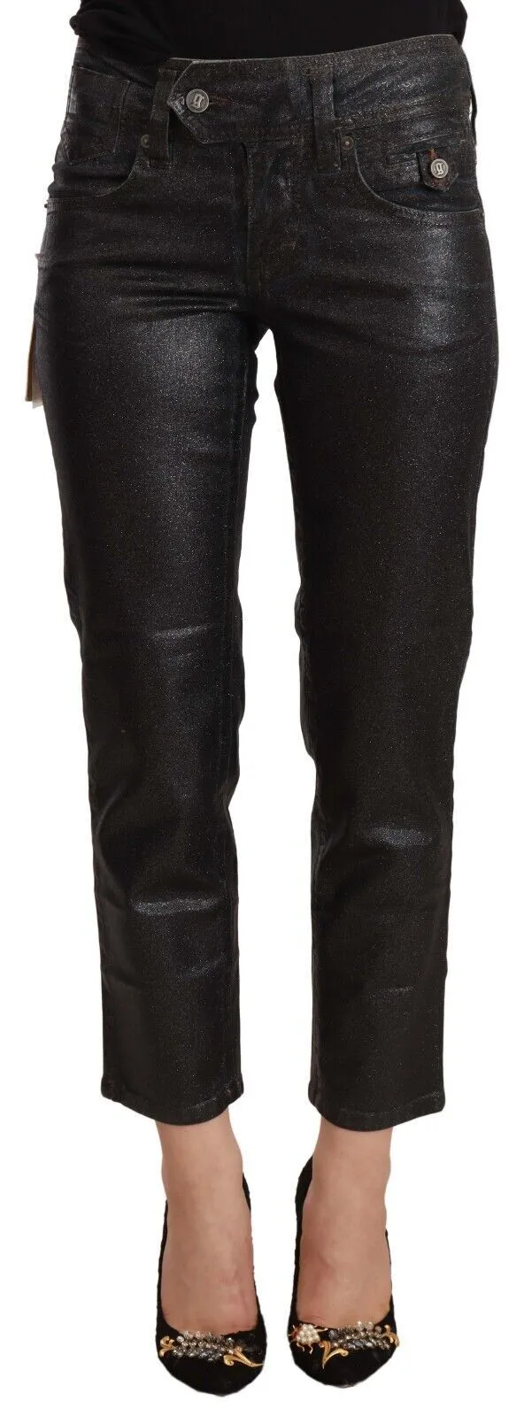 John Galliano Women's Chic Black Glittered Cropped Pants