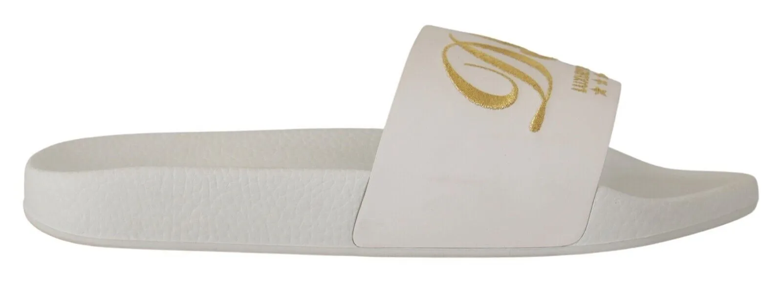 Dolce & Gabbana Men's Chic White Leather Slides with Gold Embroidery