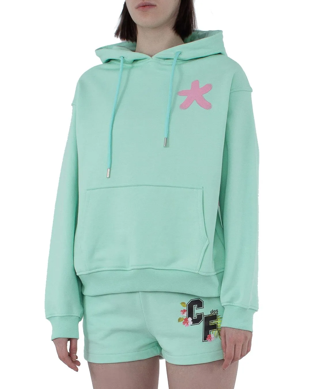 Comme Des Fuckdown Women's Green Logo-Print Cotton Hoodie with Maxi Pocket