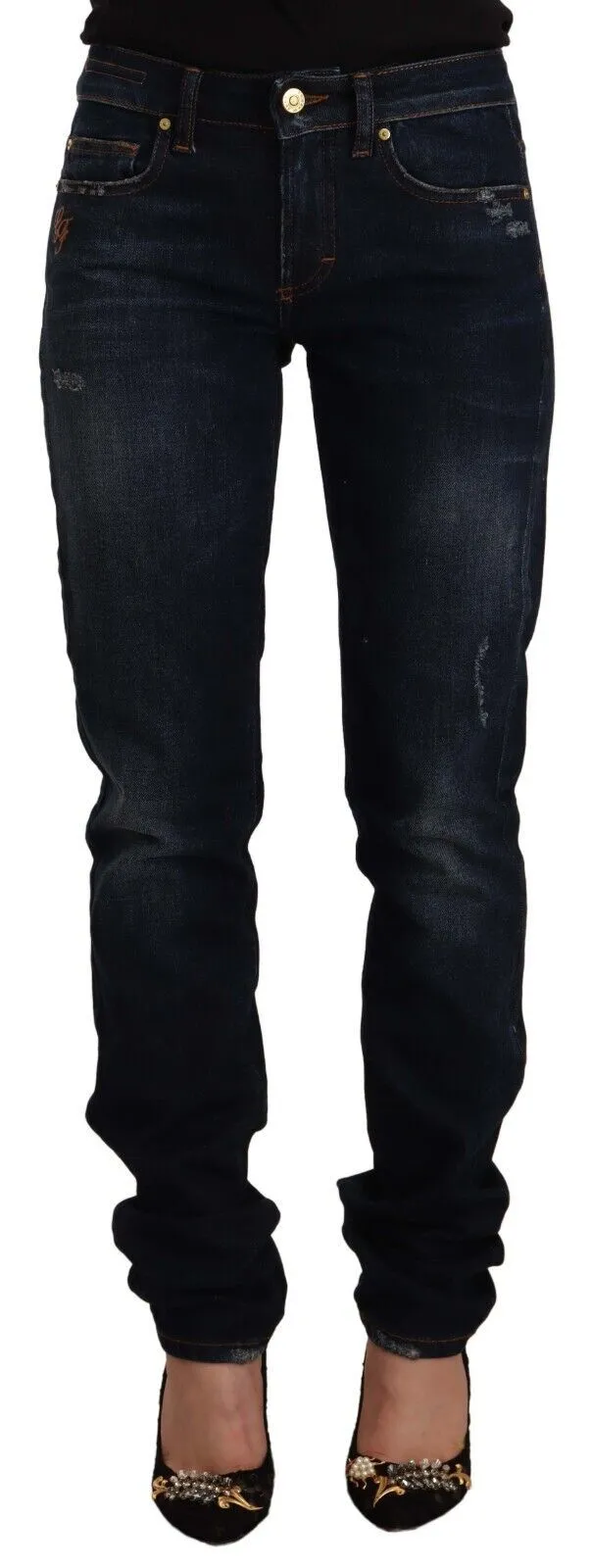 GF Ferre Women's Chic Mid-Waist Skinny Jeans in Dark Blue Wash