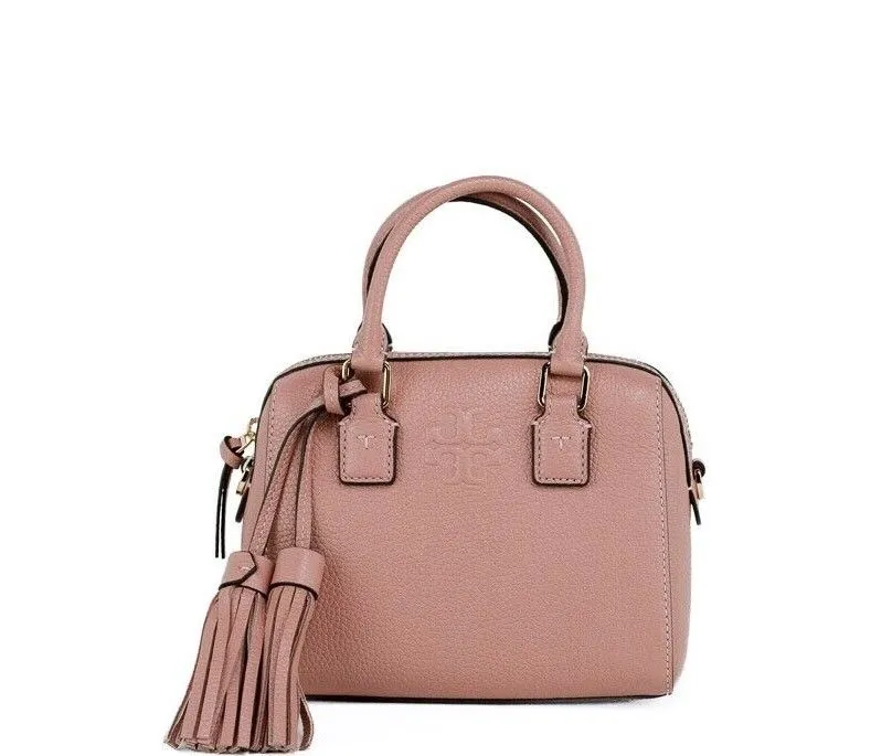 Tory Burch Women's Thea Mini Pink Moon Pebbled Leather Web Satchel Crossbody Bag