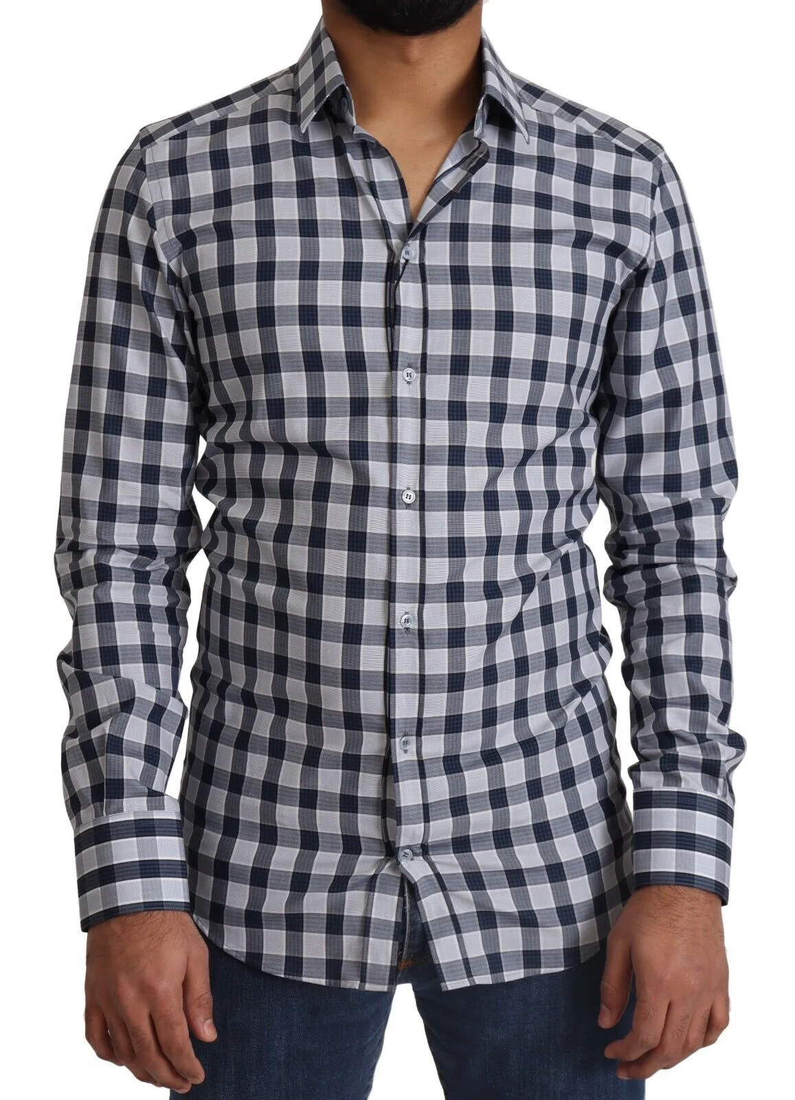 Dolce & Gabbana Men's Elegant Blue & White Checkered Slim Fit Dress Shirt
