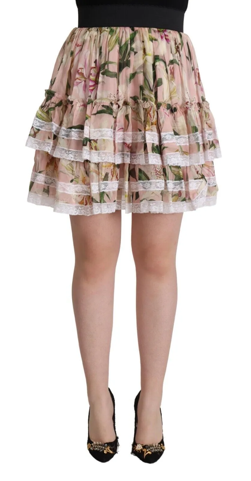 Dolce & Gabbana Women's Elegant Lily Print Tiered A-Line Mini Skirt
