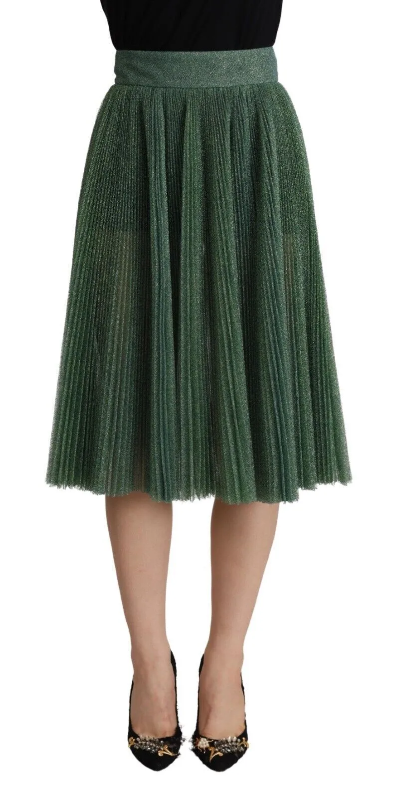 Dolce & Gabbana Women's Metallic Green Pleated A-Line Midi Skirt