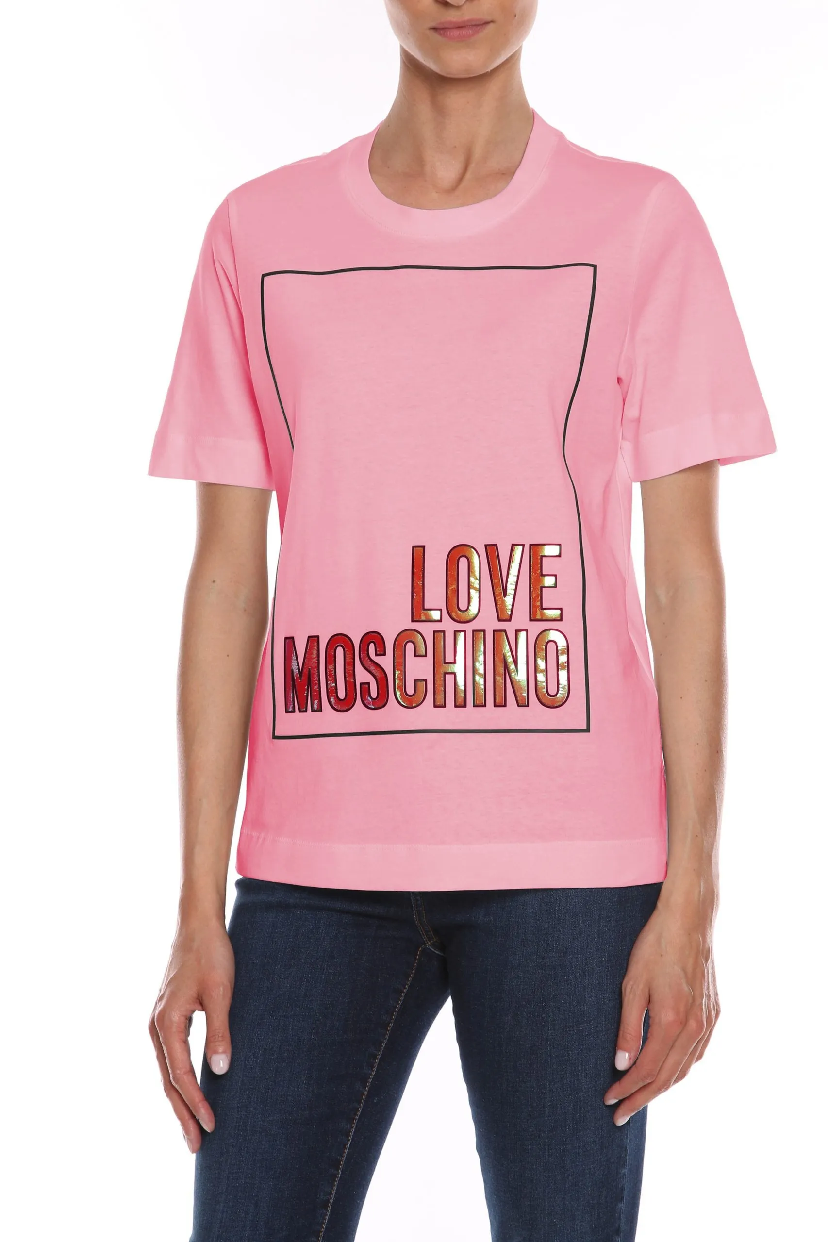 Love Moschino Women's Fluorescent Logo Print Cotton Tee in Pink