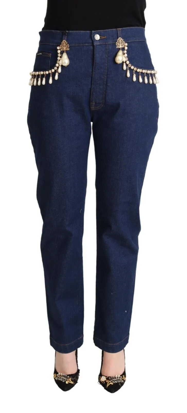 Dolce & Gabbana Women's Elegant Tapered Denim with Faux Pearl Adornment