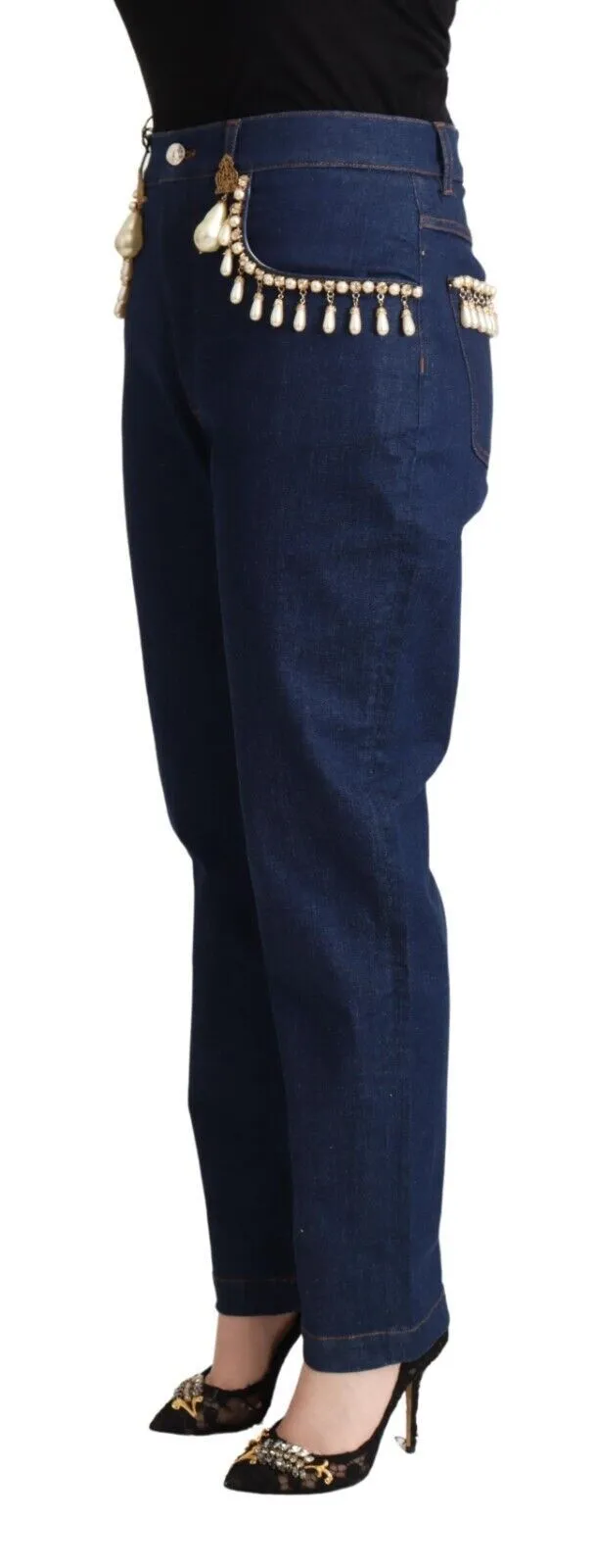 Dolce & Gabbana Women's Elegant Tapered Denim with Faux Pearl Adornment