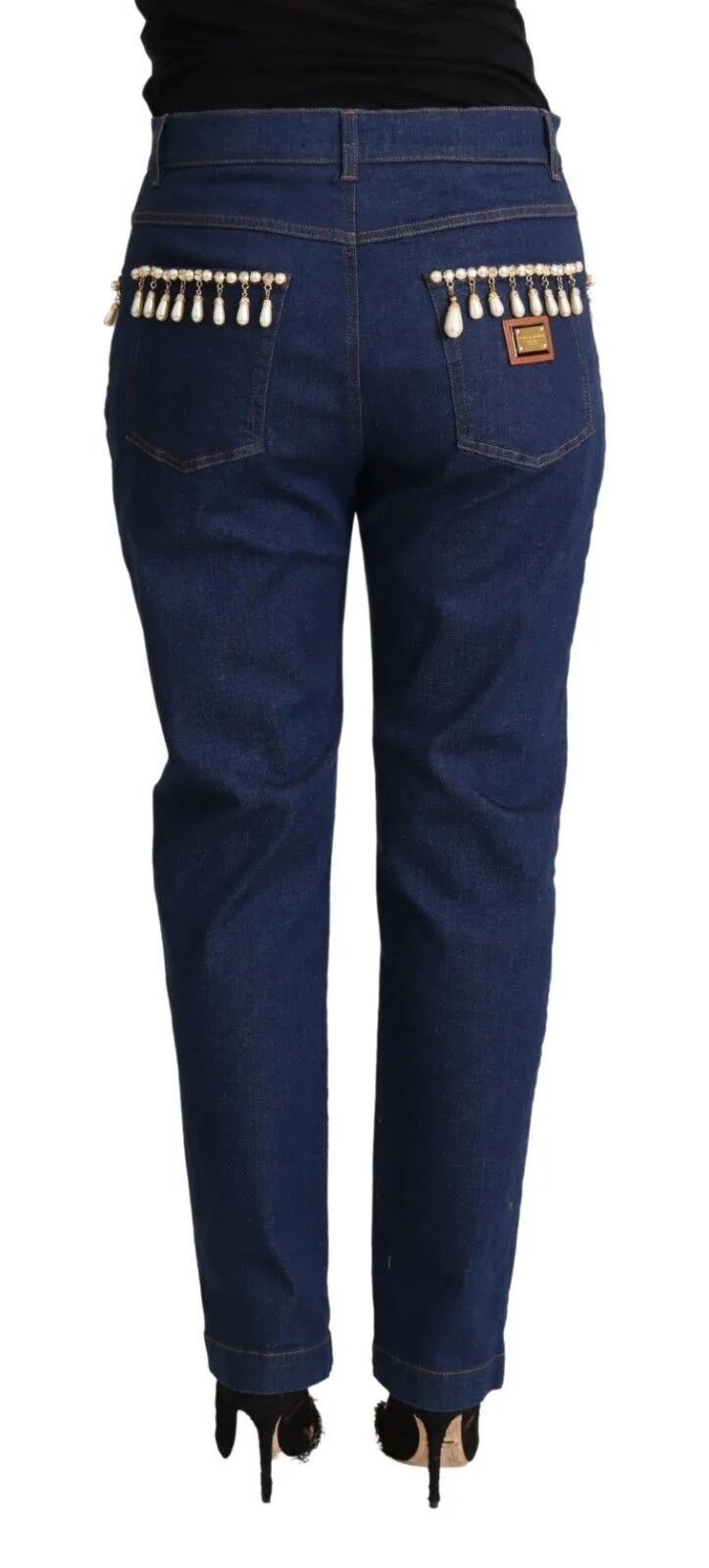 Dolce & Gabbana Women's Elegant Tapered Denim with Faux Pearl Adornment