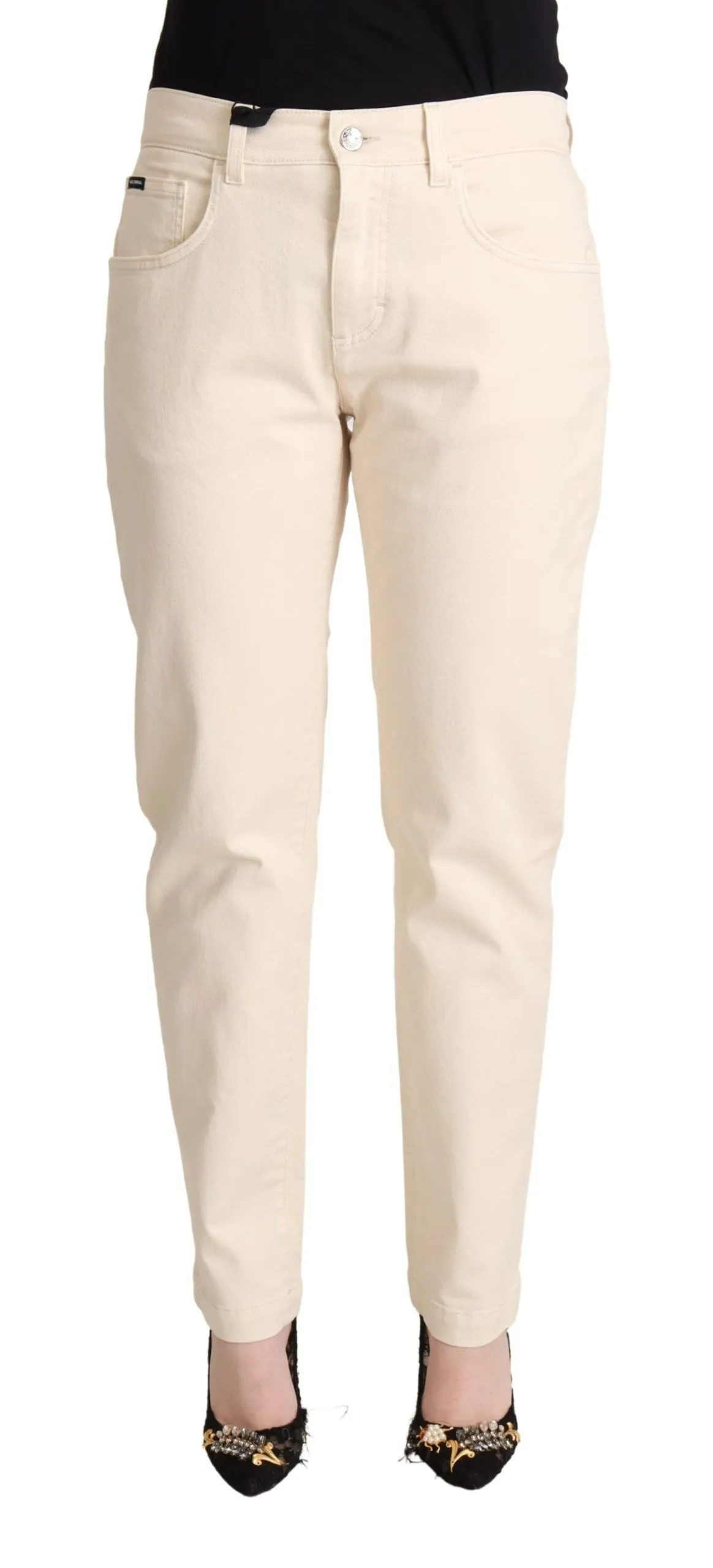 Dolce & Gabbana Women's Chic White Skinny Boyfriend Jeans with Logo Plaque