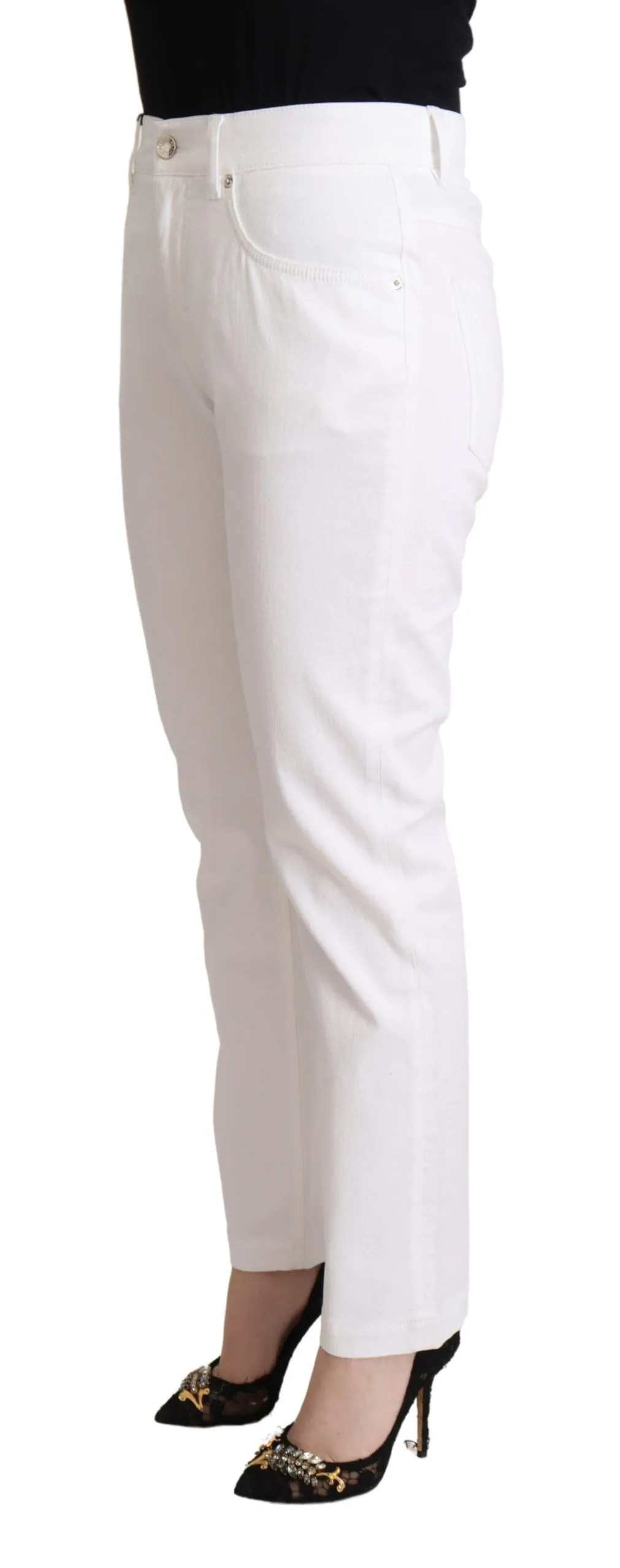 Dolce & Gabbana Women's Chic White Tapered Denim Jeans with Logo Patch