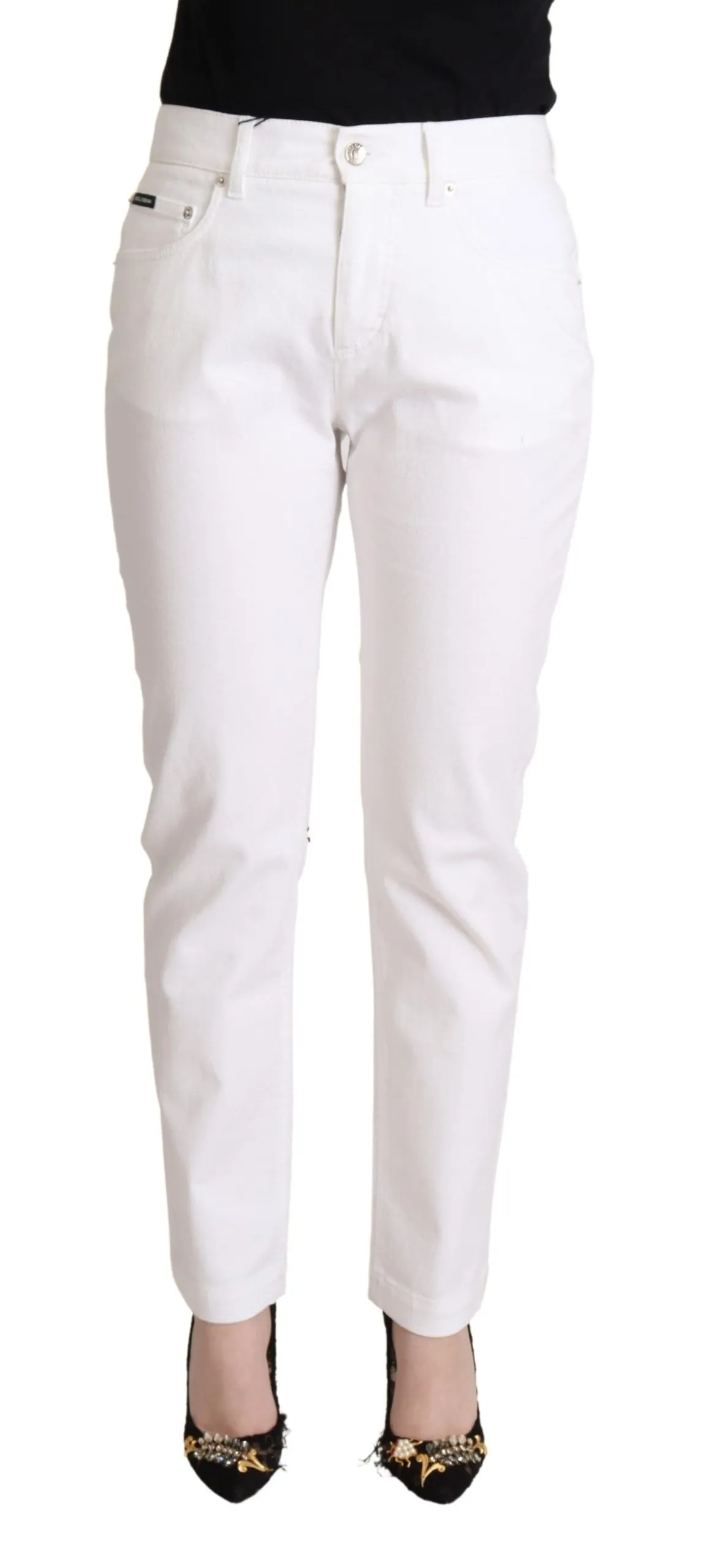 Dolce & Gabbana Women's Chic White Tapered Denim Jeans with Logo Patch