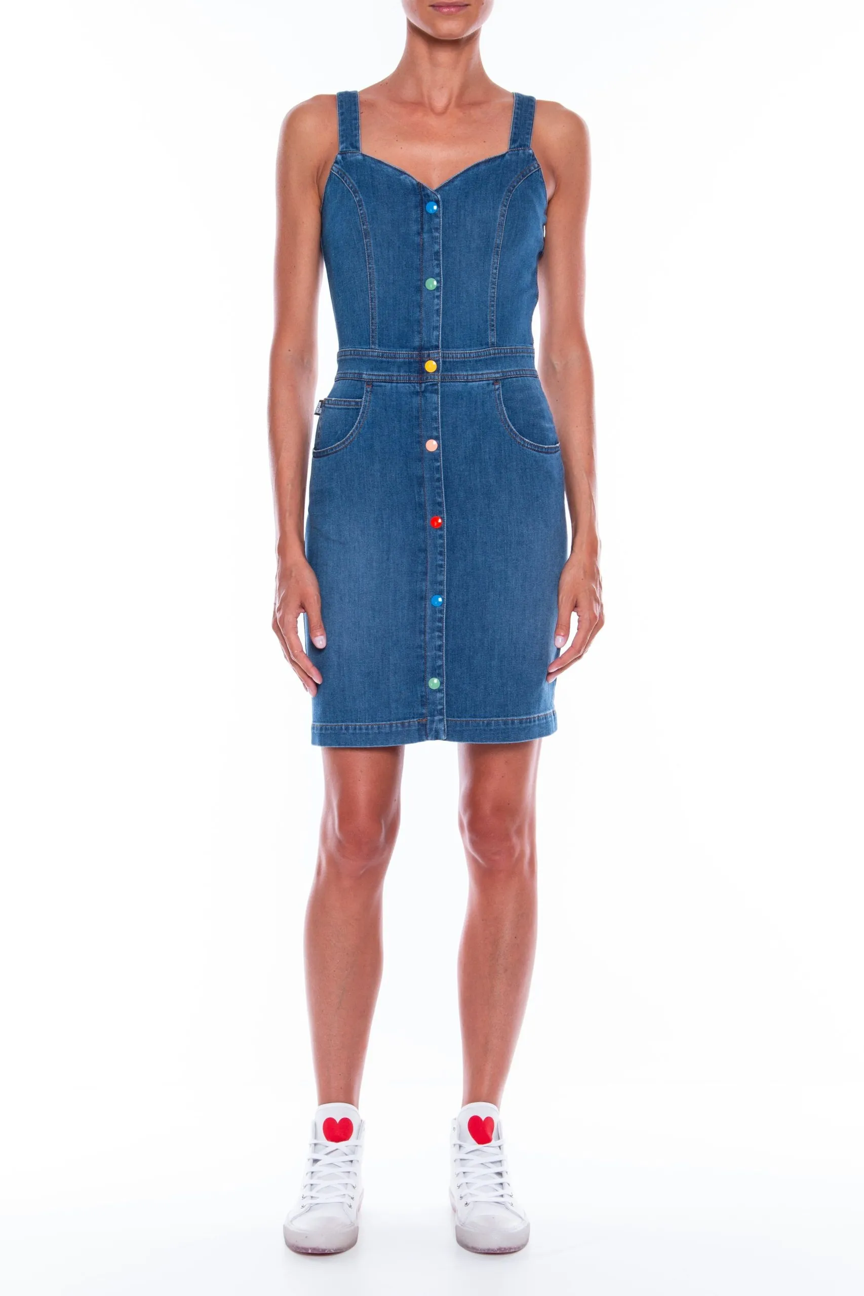Love Moschino Women's Chic Sleeveless Denim Dress with Colored Buttons