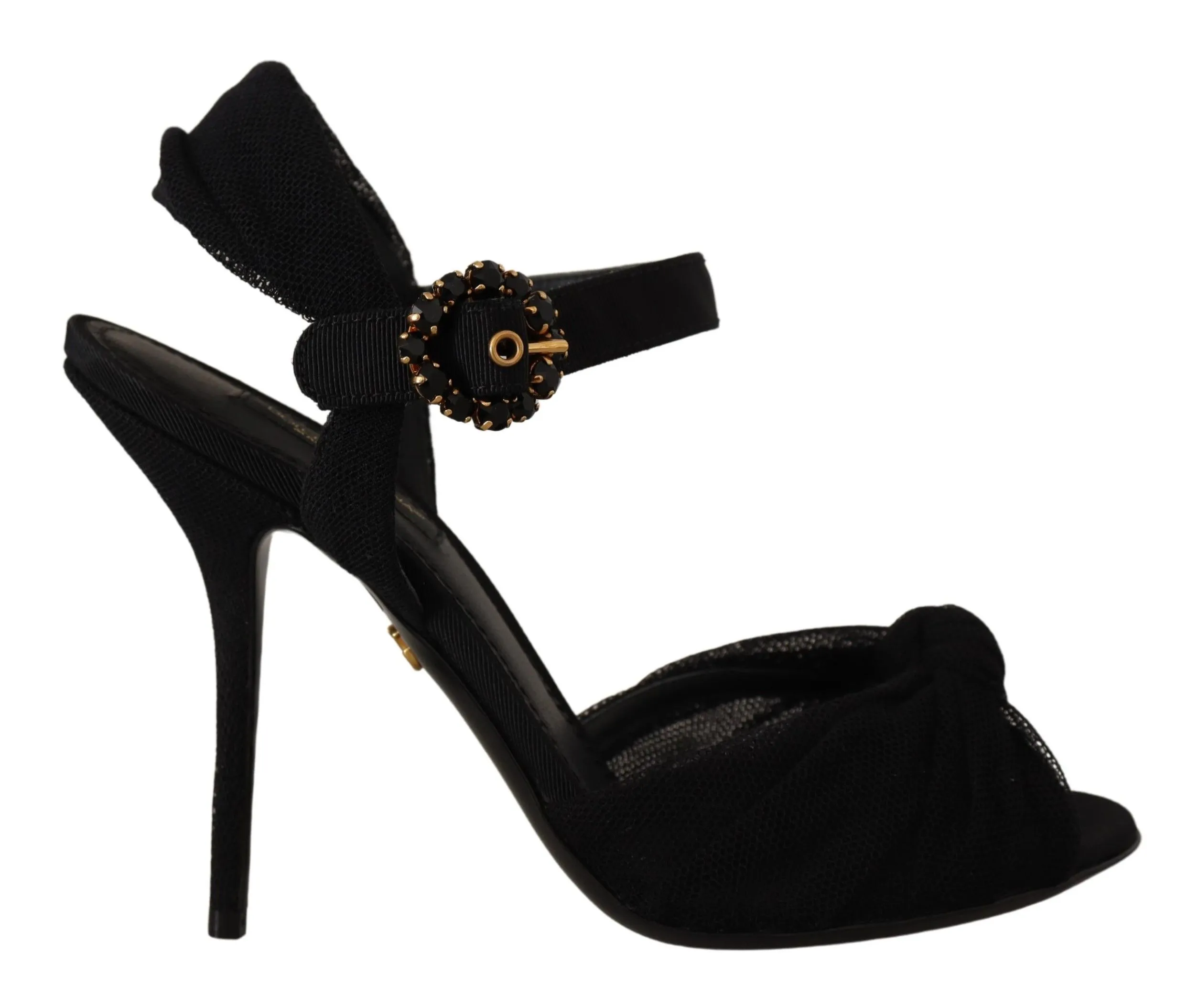 Dolce & Gabbana Women's Black Tulle Ankle Strap Heels with Crystal Buckle