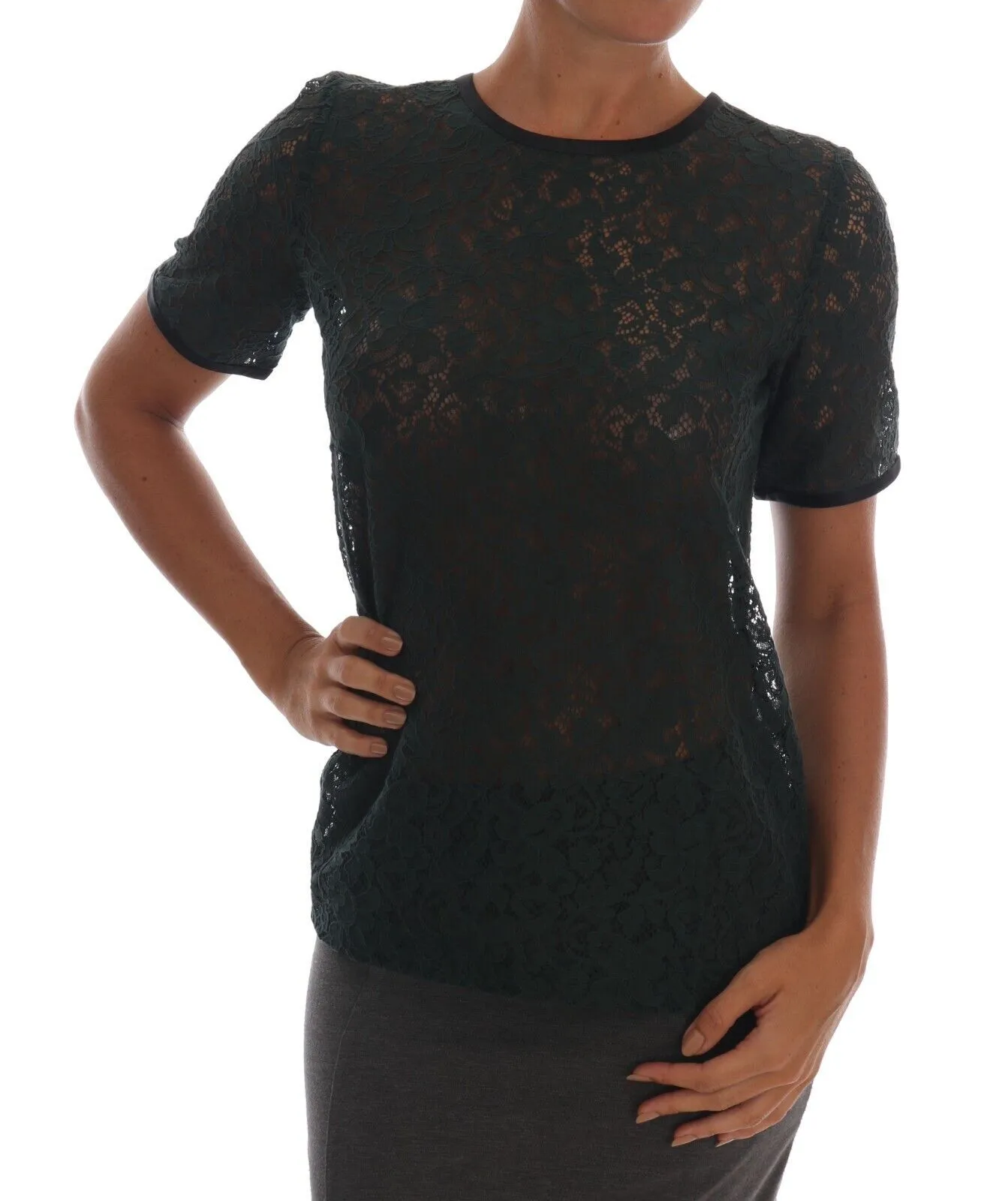 Dolce & Gabbana Women's Dark Green Floral Lace Short Sleeve Blouse