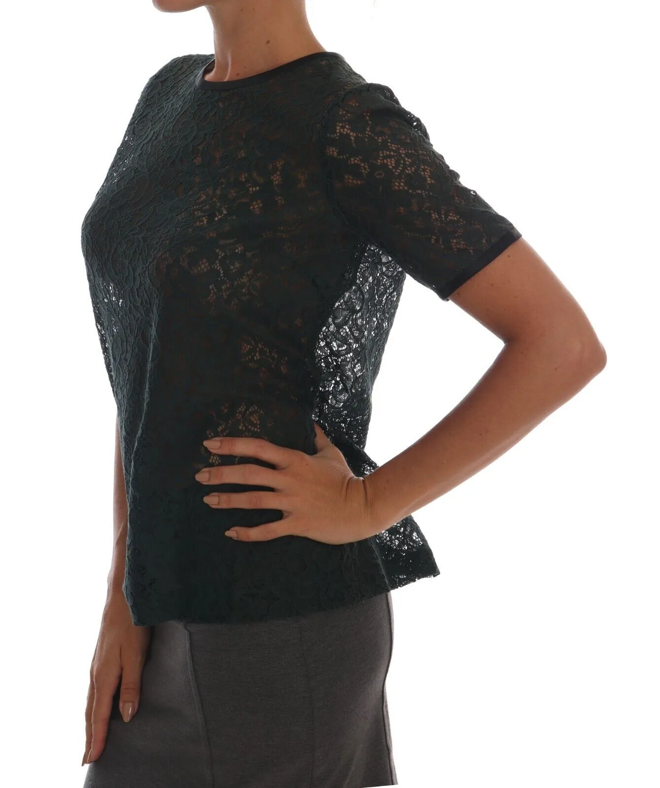Dolce & Gabbana Women's Dark Green Floral Lace Short Sleeve Blouse