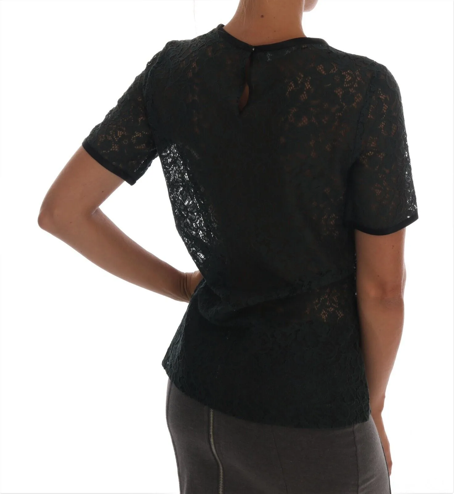 Dolce & Gabbana Women's Dark Green Floral Lace Short Sleeve Blouse