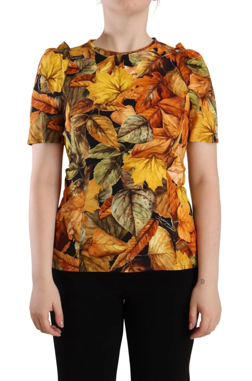 Dolce & Gabbana Women's Elegant Round Neck Leaf Print Blouse