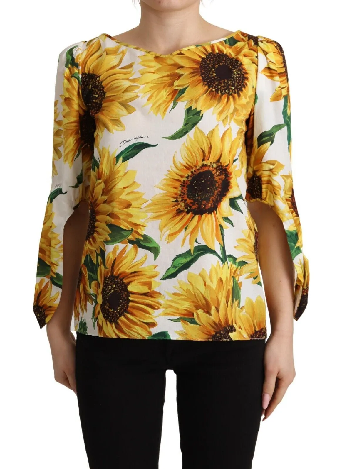 Dolce & Gabbana Women's Sunflower Print Cotton Elbow Sleeve Blouse