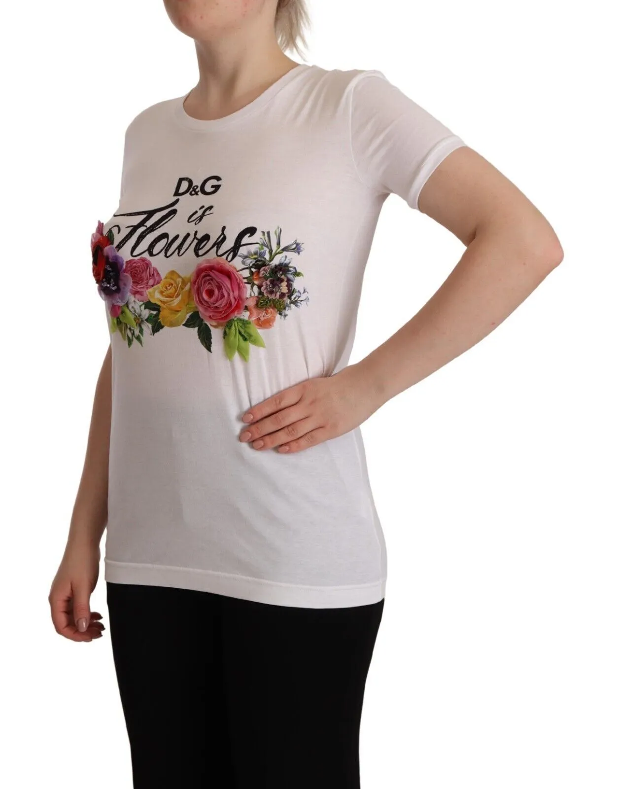 Dolce & Gabbana Women's Elegant Floral Crystal-Embellished White Tee