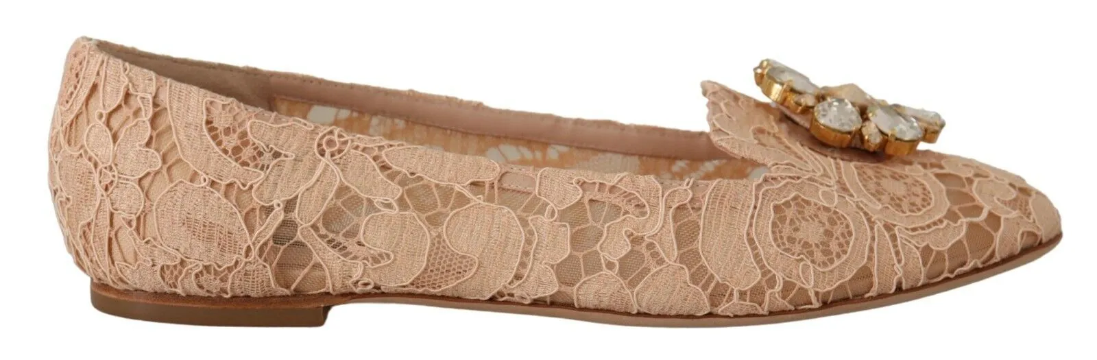 Dolce & Gabbana Women's Elegant Beige Lace Ballet Flats with Crystal Buckle
