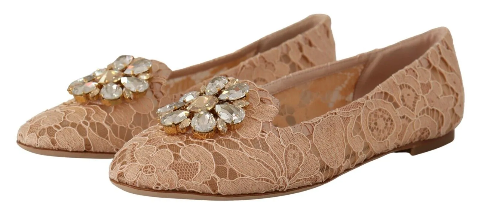 Dolce & Gabbana Women's Elegant Beige Lace Ballet Flats with Crystal Buckle