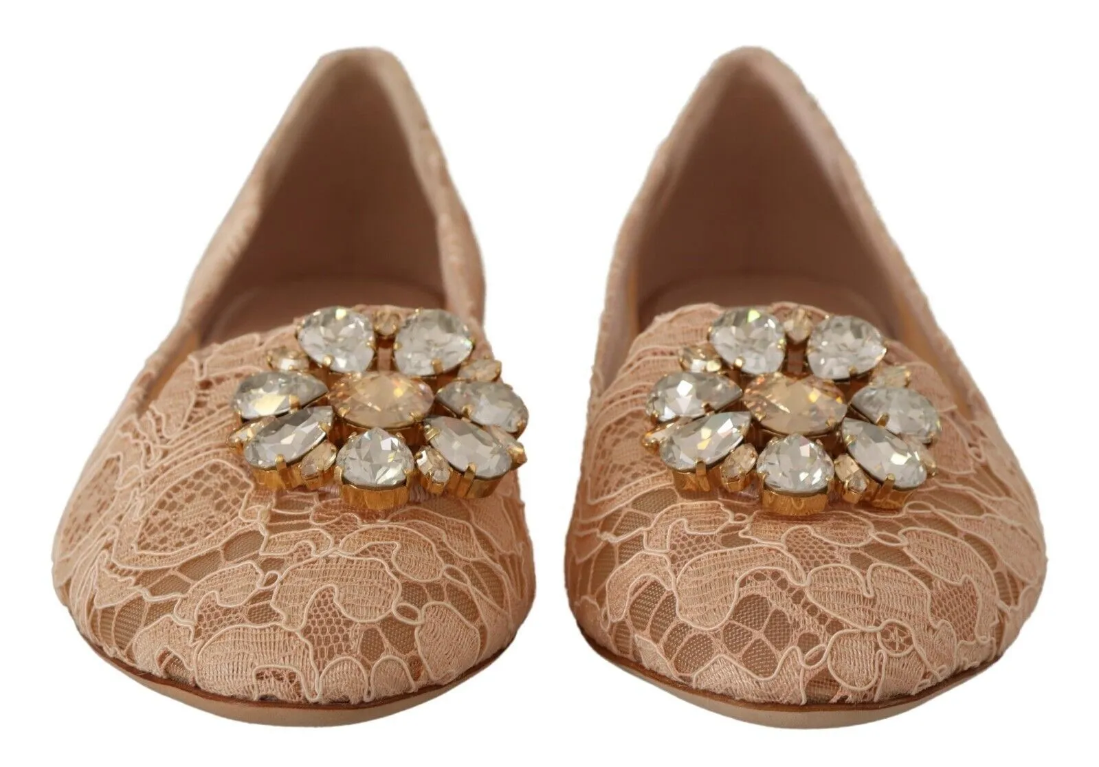 Dolce & Gabbana Women's Elegant Beige Lace Ballet Flats with Crystal Buckle