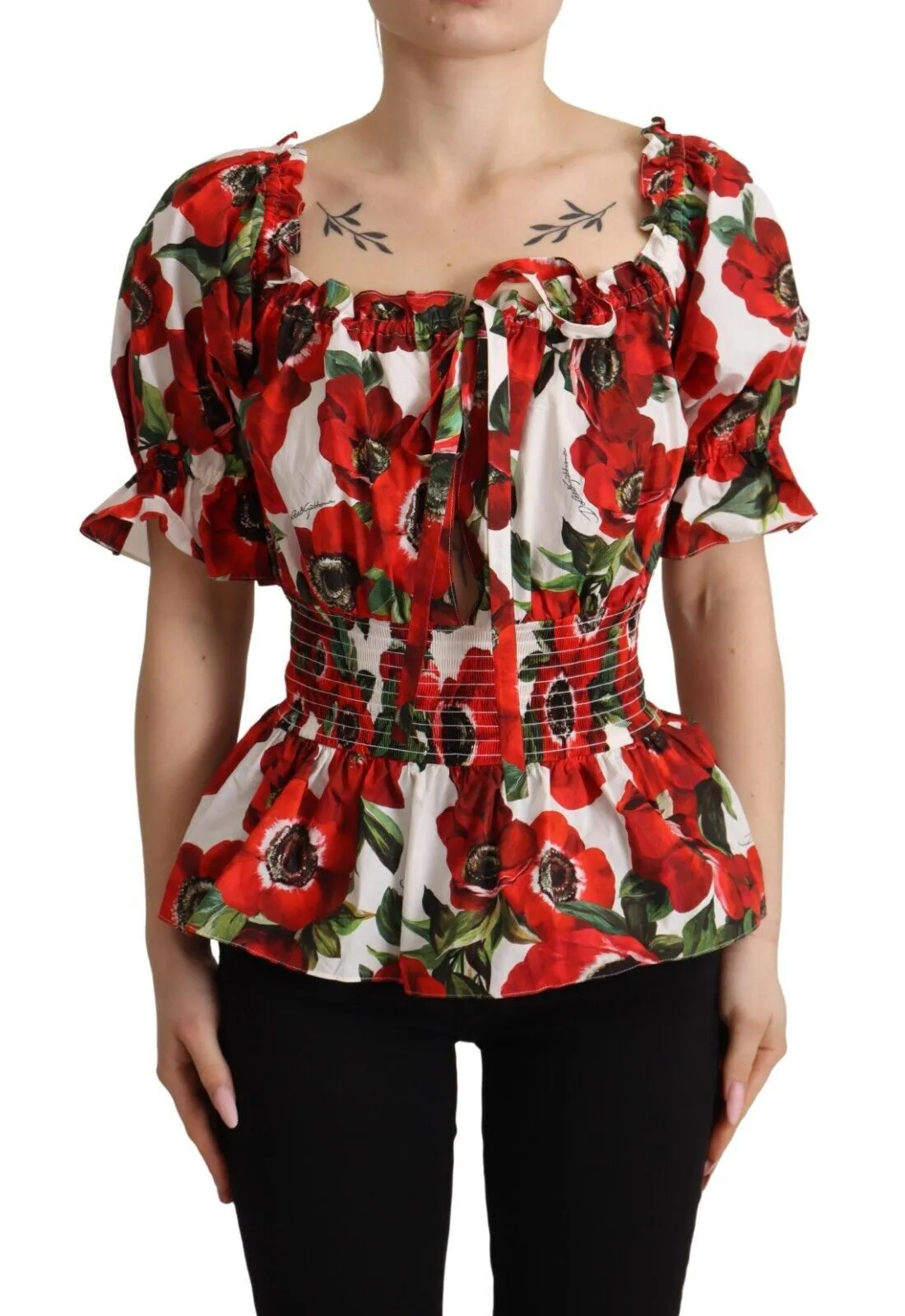 Dolce & Gabbana Women's Red Anemone Print Elastic Waist Blouse Top