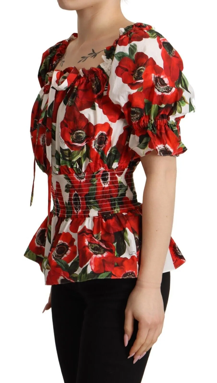 Dolce & Gabbana Women's Red Anemone Print Elastic Waist Blouse Top