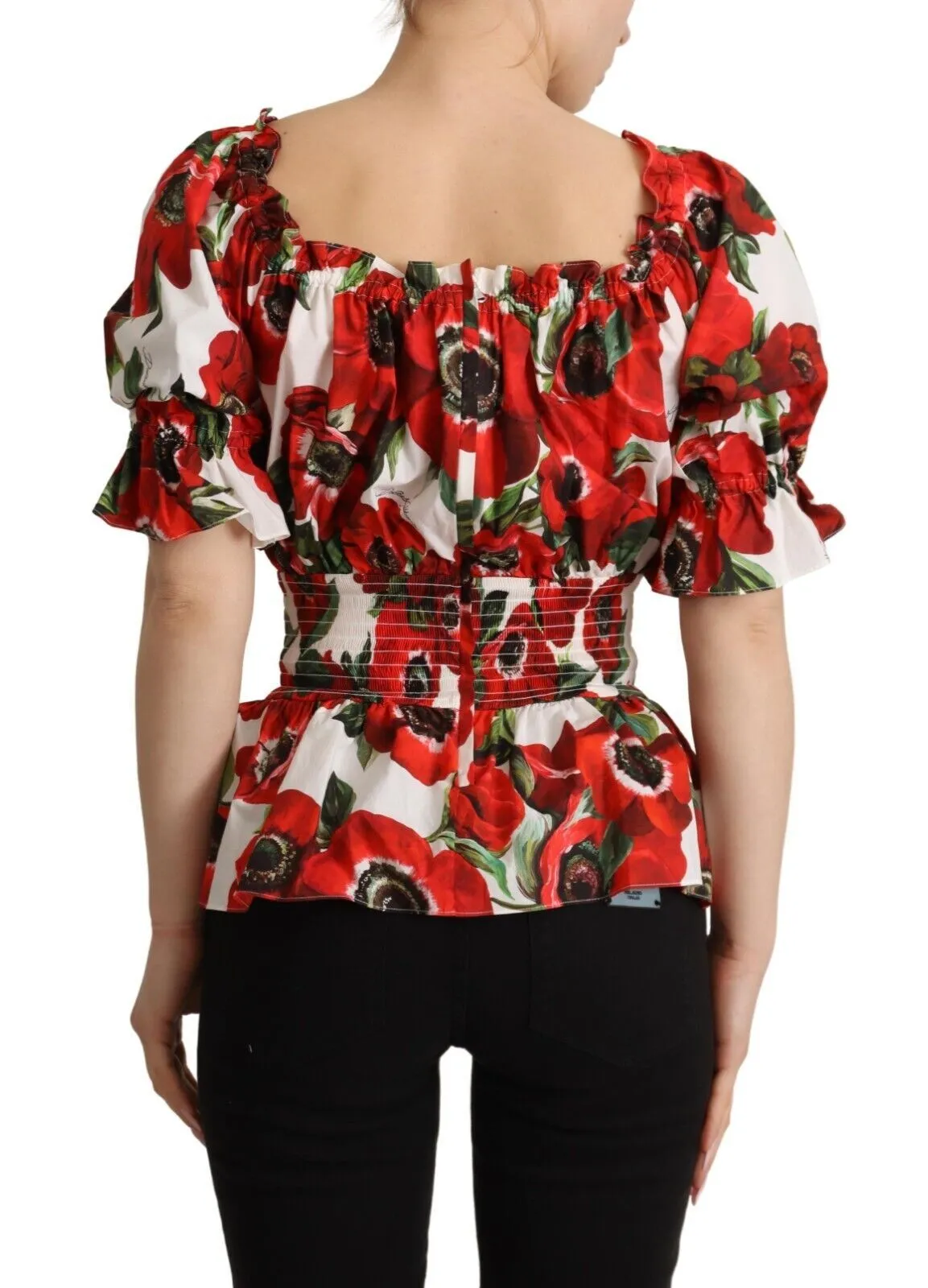 Dolce & Gabbana Women's Red Anemone Print Elastic Waist Blouse Top